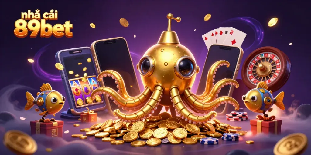 Engage in thrilling gameplay at nhà cái 89bet surrounded by dynamic casino visuals featuring golden kraken and slot games.