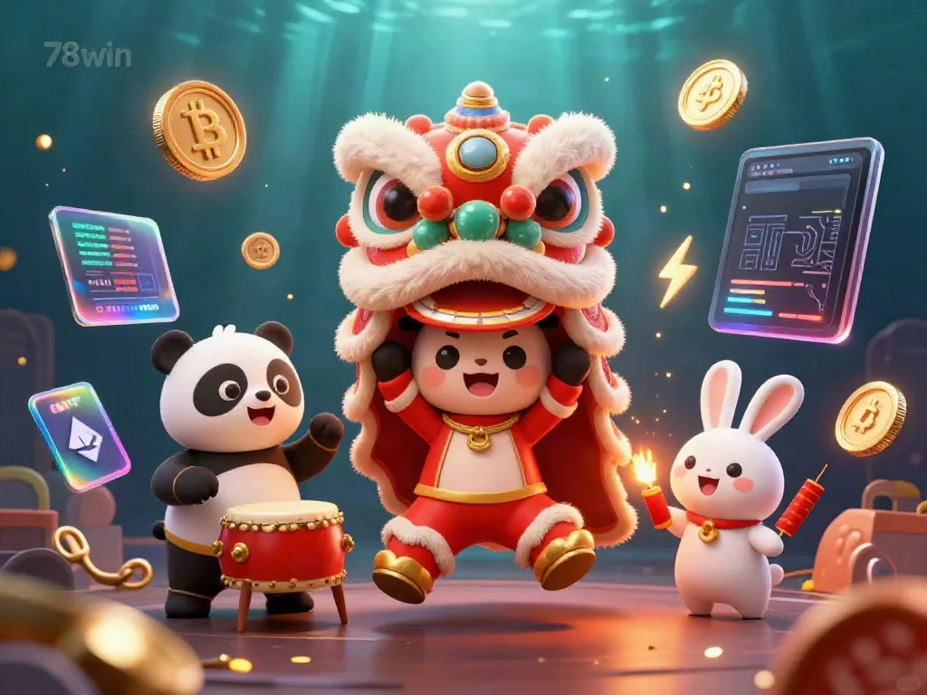 Celebrate winning with 78win in a festive 3D illustration featuring a lion dance, panda drummer, and crypto elements.