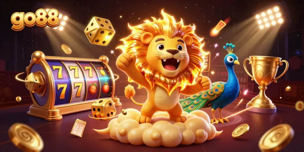 Engage with go88's exhilarating gaming adventure filled with slot reels and golden jackpot elements.