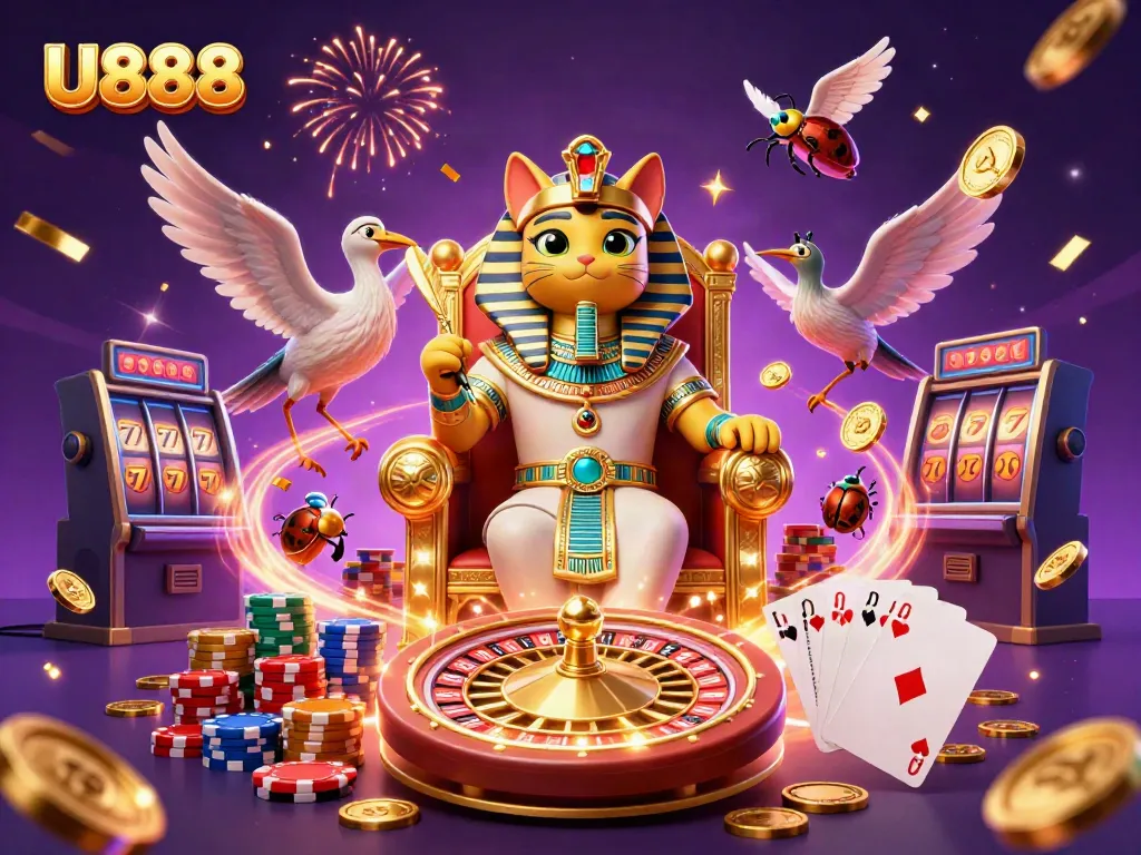 Experience the vibrant thrill of U888 with an Egyptian pharaoh cat and casino elements in a dynamic scene.