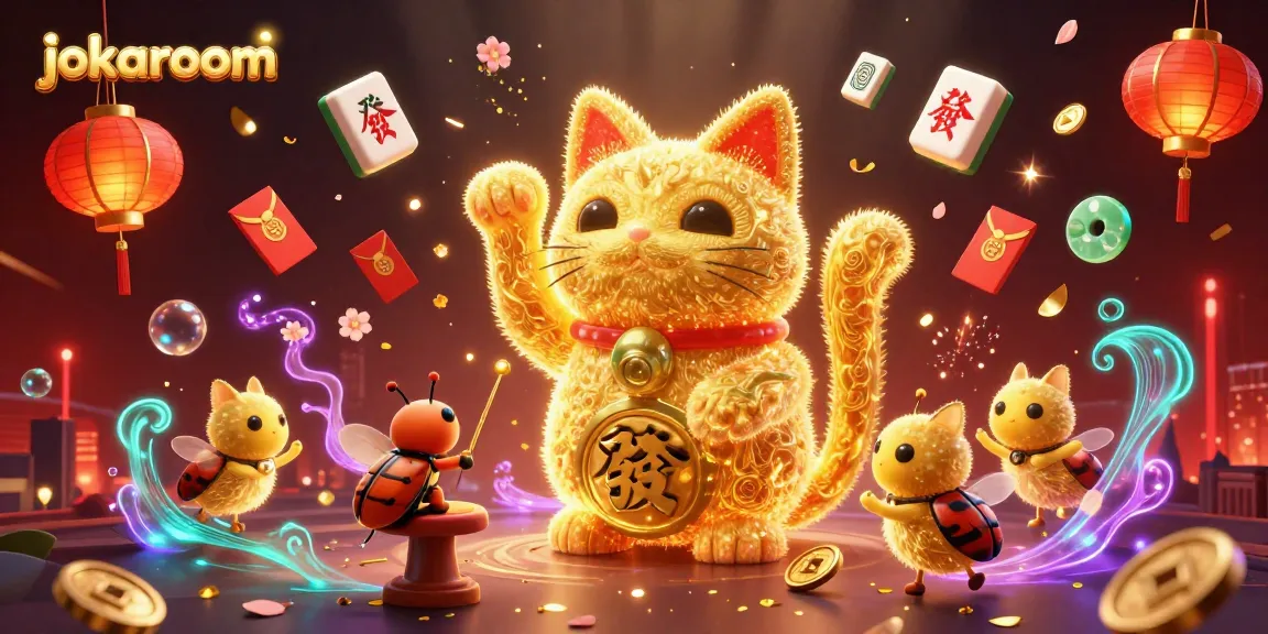Play at jokaroom with the captivating giant lucky cat surrounded by gleaming casino elements.