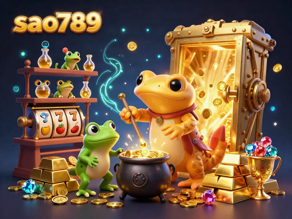 Experience the thrilling transformation at sao789 with a vibrant scene of a golden alchemist amidst animated gaming elements.
