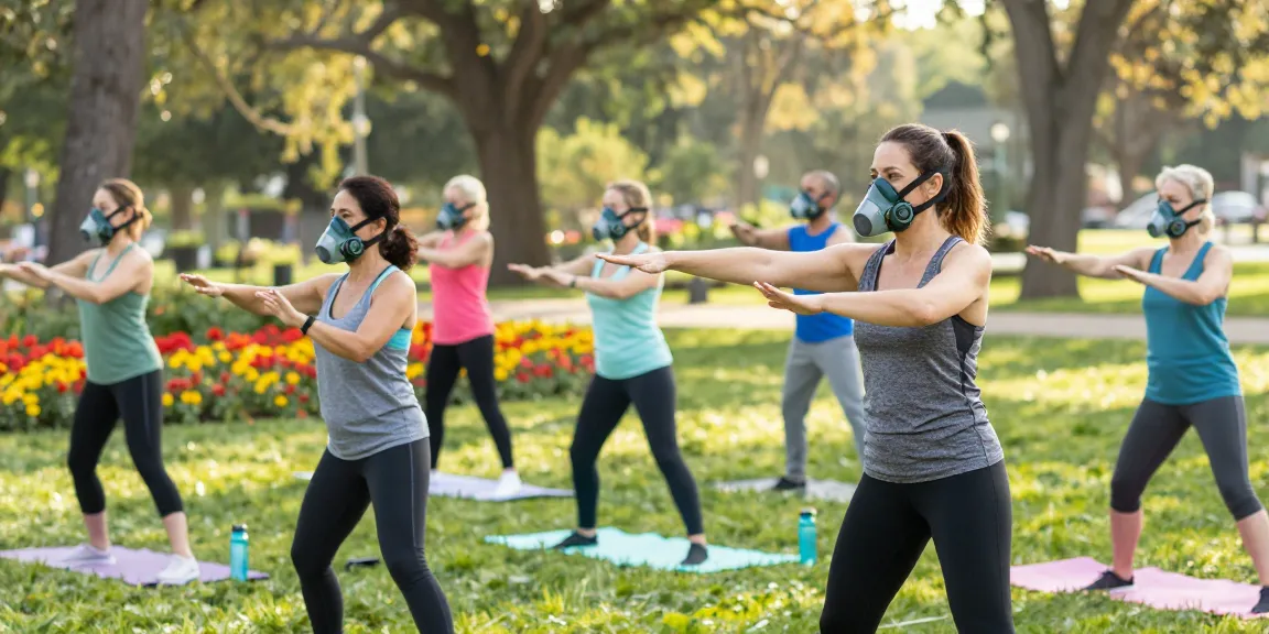 Group of individuals in breathing masks participating in a lively outdoor fitness class, promoting wellness and respiratory health.