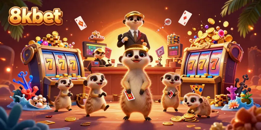 Experience thrilling gameplay at 8xbet with meerkats managing a lively casino atmosphere.