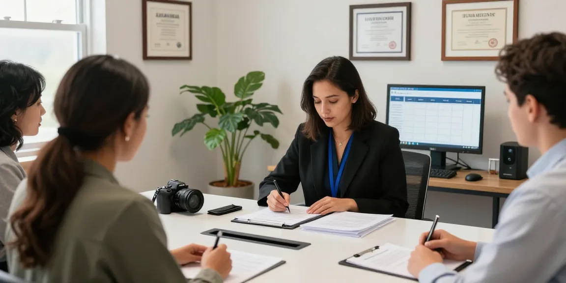 Client consultation with a notary in Brampton, Ontario, in a professional setting showcasing document verification.