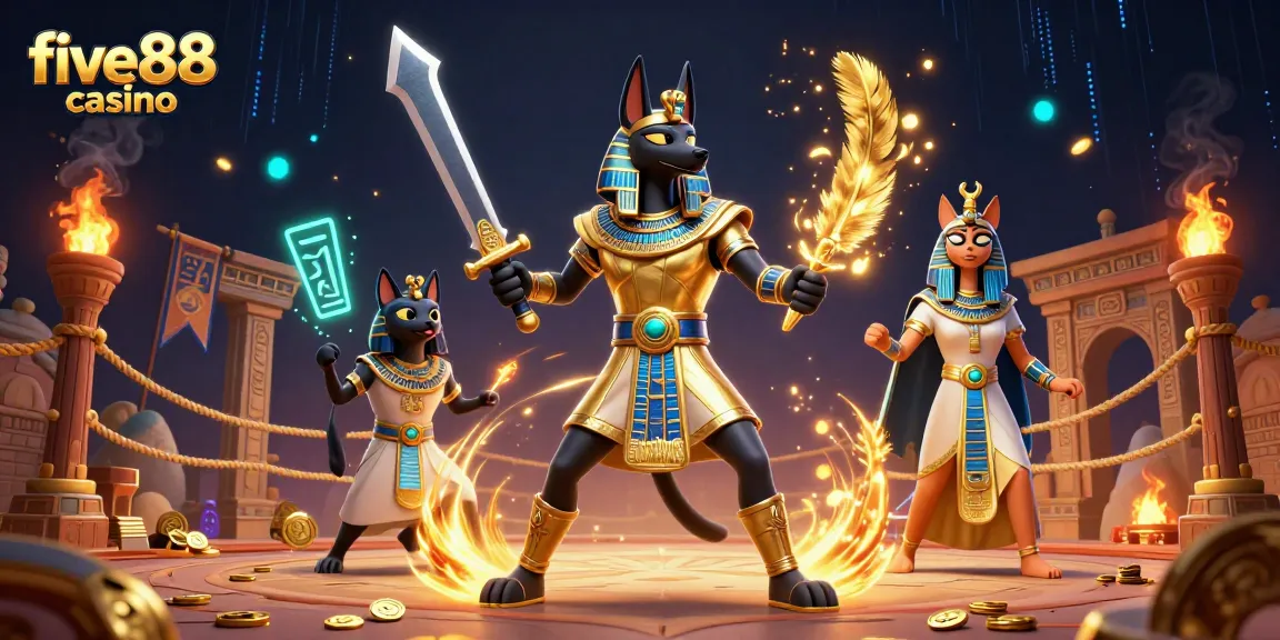 Experience thrilling gameplay at five88 casino with Anubis battling amid rich gaming elements and vibrant atmosphere.