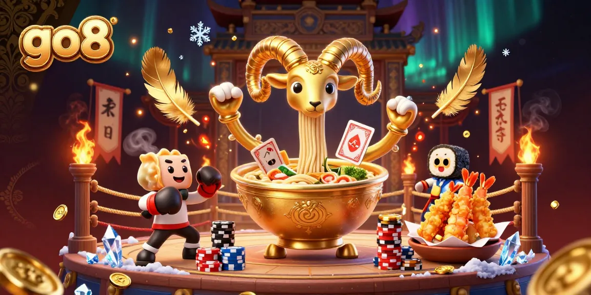 go8 brings excitement to the casino with a vibrant scene of a golden ramen bowl dealer and dynamic characters.
