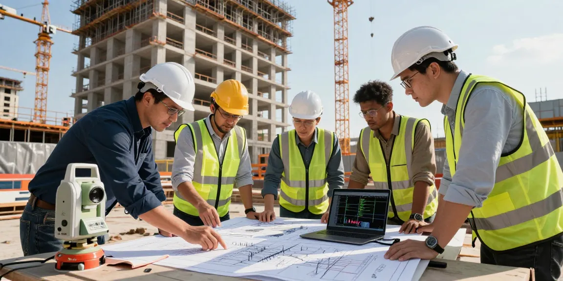 Seismic Design Engineer USA team analyzing project plans in a construction site, showcasing collaboration and advanced engineering techniques.