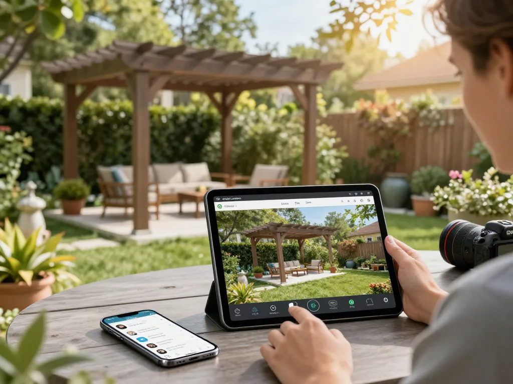 Homeowner visualizing custom pergola design with Pergola Configurator Software in a beautiful garden.
