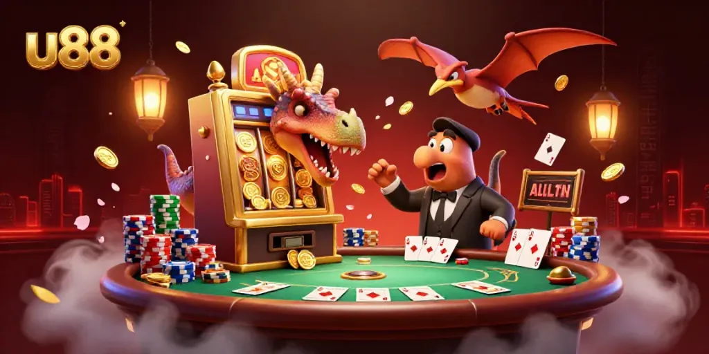 jackpot coins flying from a winning slot machine at u88, with casino elements in a vibrant scene