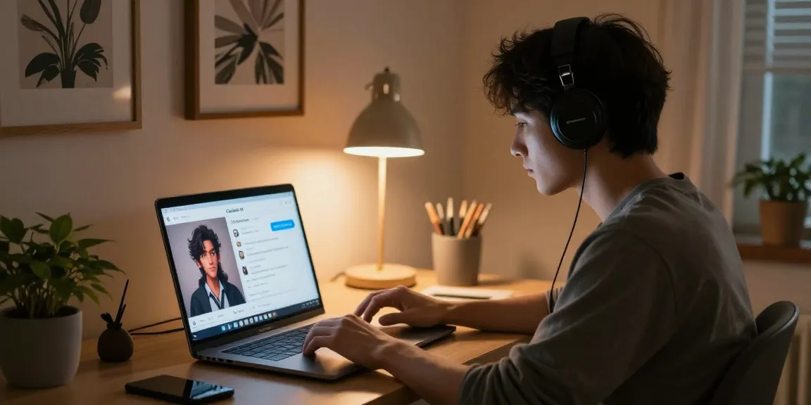 User interacting with ai nsfw chat in a cozy home office, exploring immersive character visuals.