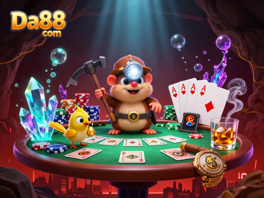 Engage with exciting gameplay at Da88 com, featuring vibrant card tables and treasure-filled mines.