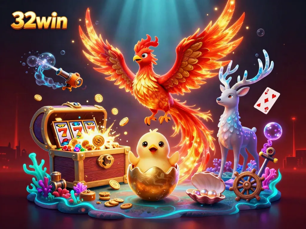 Experience the vibrant world of 32win, featuring a phoenix and slot game elements amidst a glowing backdrop.