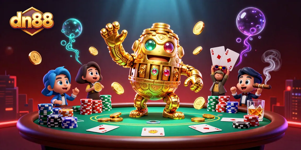 Experience thrilling gameplay at dn88 with an ancient golden golem amidst poker tables.