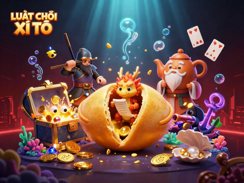 Experience LUẬT CHƠI XÌ TỐ with a golden fortune cookie and a wise dragon among dynamic casino elements.