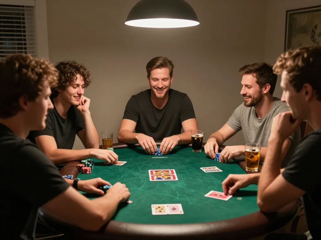 Engaged friends enjoying a thrilling poker game at home, showcasing fun and strategy with jus77 elements.