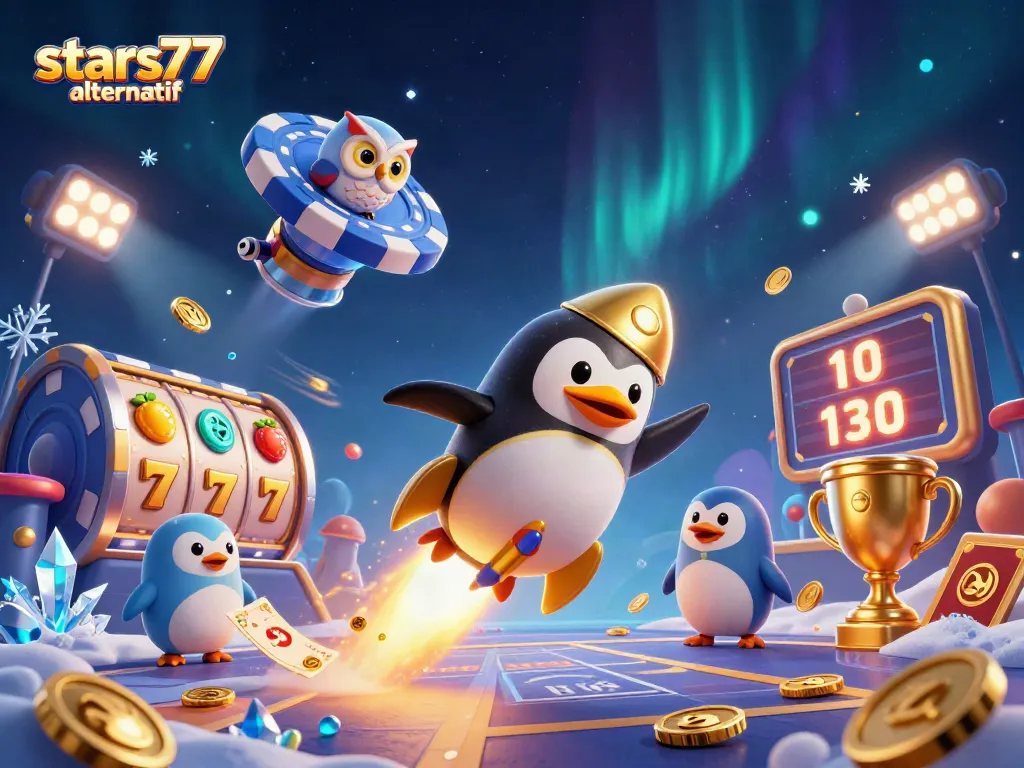 Permainan slot mengasyikkan di stars77 alternatif dengan penguin emas yang mengeluarkan koin.