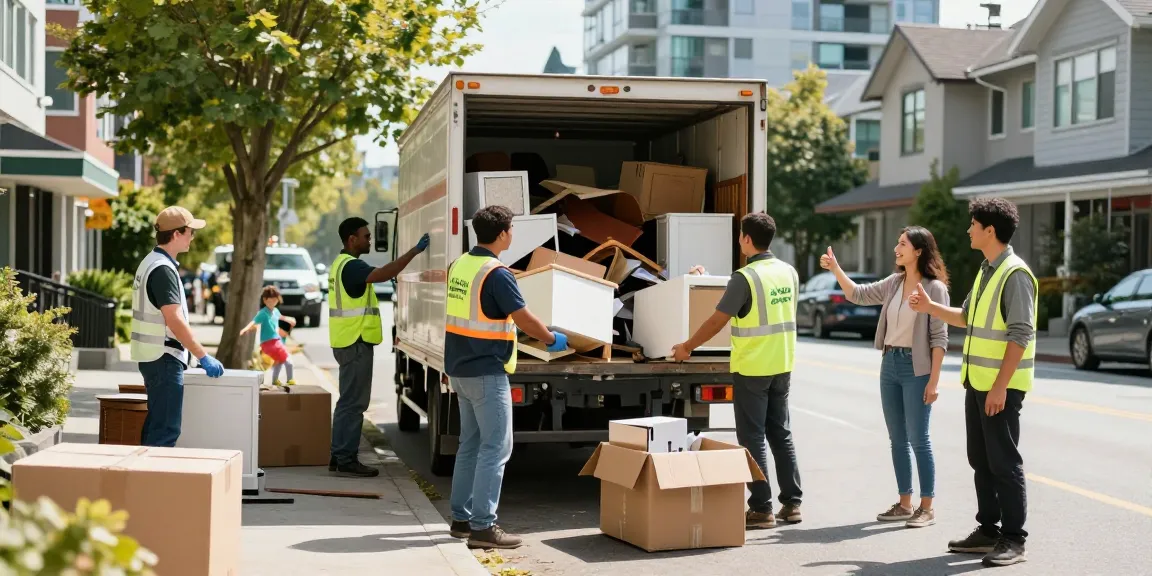 Affordable Junk Removal Vancouver team loading junk into a truck in a sunny urban setting.
