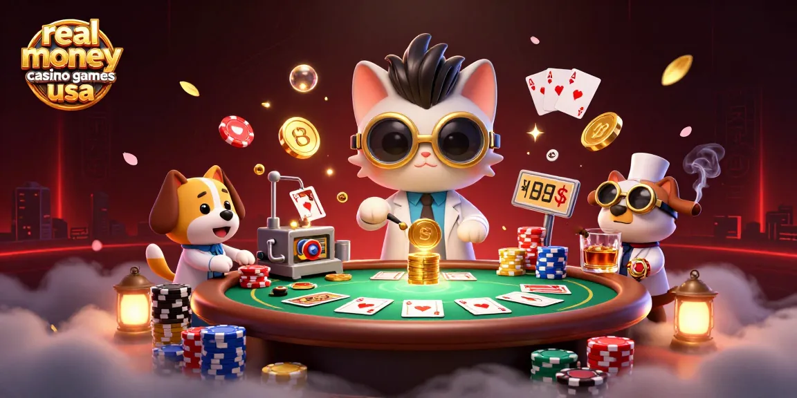 Experience real money casino games usa with a mad scientist cat and a loyal dog, amidst poker elements and vibrant casino themes.