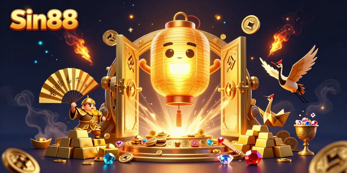 Experience the vibrant world of Sin88 with a thriving casino scene featuring golden treasures and glowing spirits.