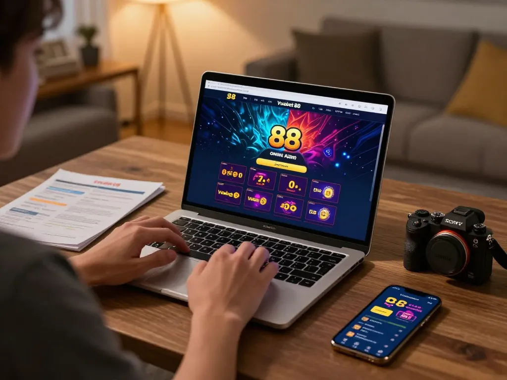 Engaging in online gaming at Vuabet 88 with a cozy home setup featuring laptop and betting strategies.