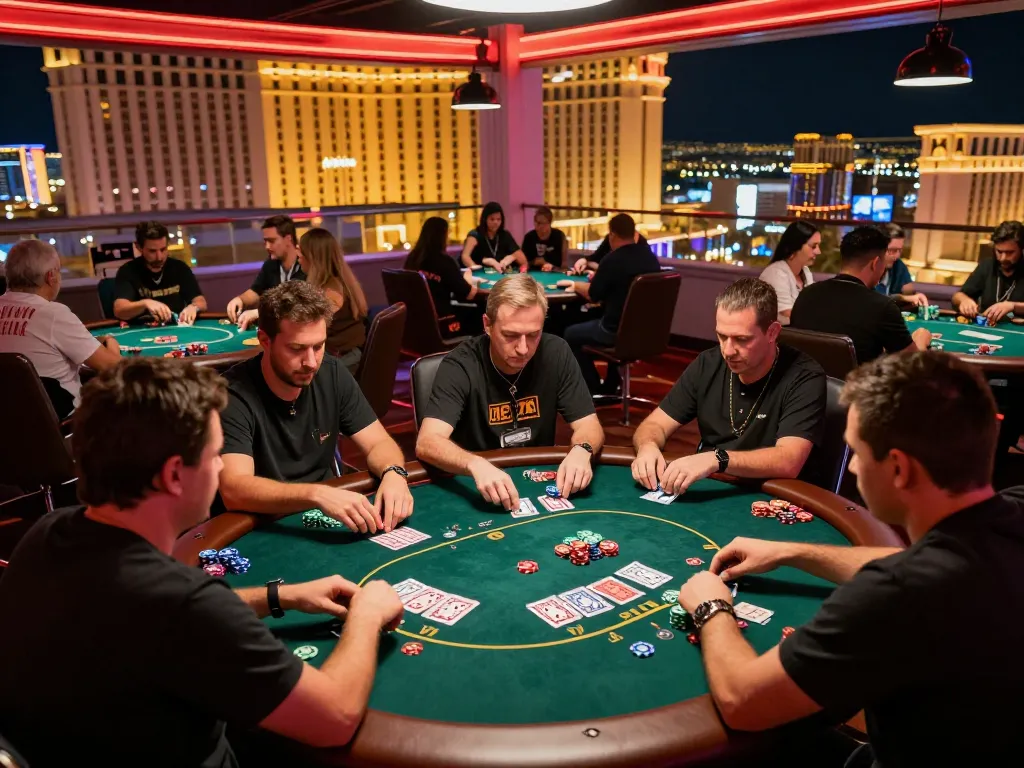 Players engaging in a high-stakes poker game at a vibrant Las Vegas casino, keonhacai moment amidst colorful chips and intense gameplay