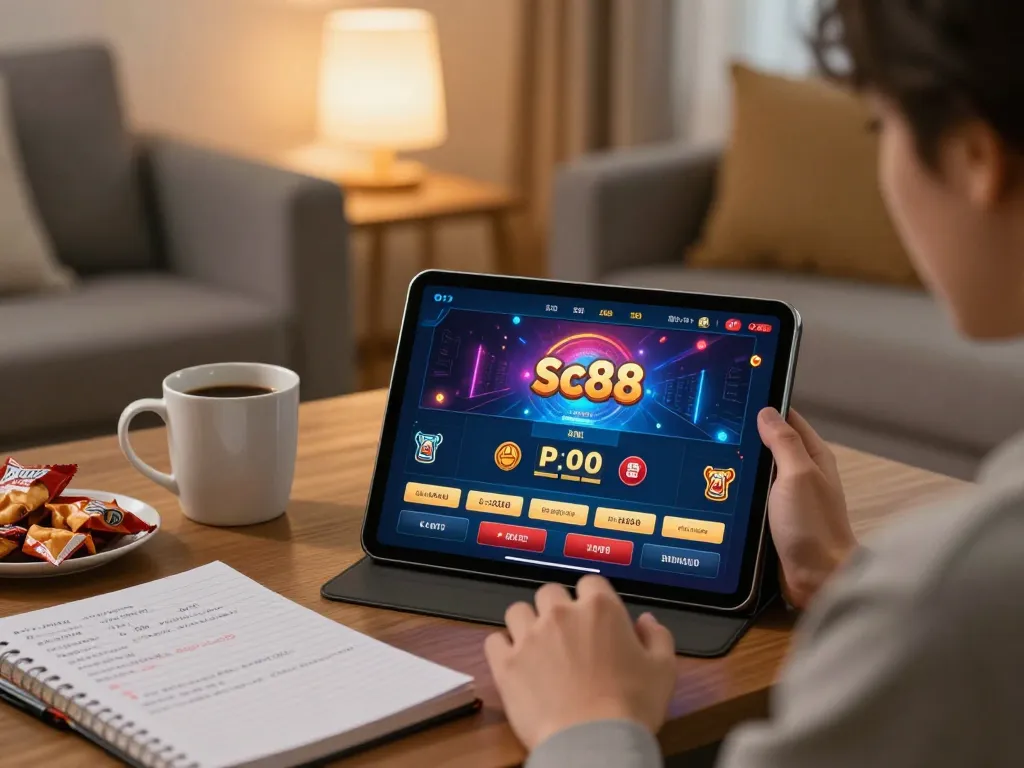 Engaged player using a tablet for sc88 game in a cozy home setup, showcasing casino excitement.