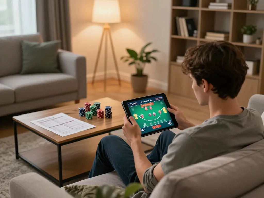 Lu 88 gaming experience of a player intensely focusing on an online poker game on a tablet.