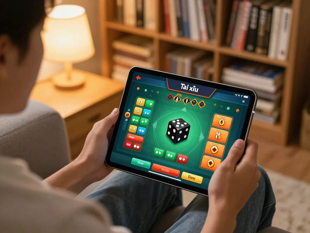Engaged player enjoying the app tài xỉu online on tablet, showcasing a vibrant gaming experience in a cozy home environment.