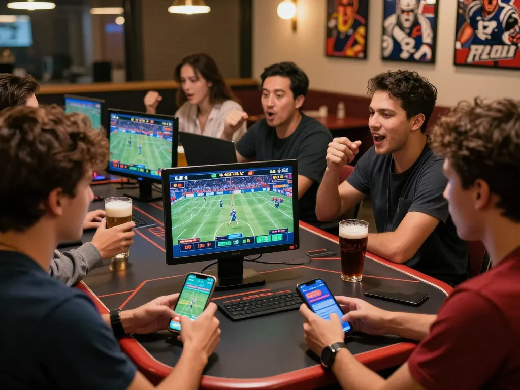 Sports betting excitement at vb88game with friends cheering and analyzing live events.