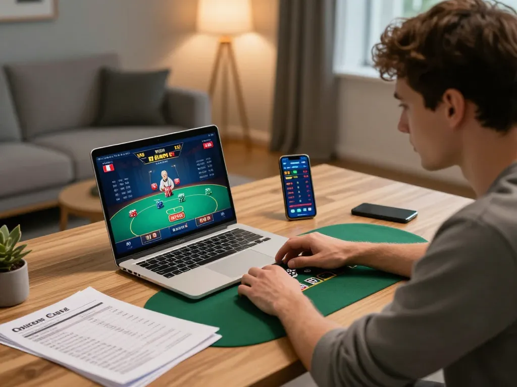 Player engaging in online poker gameplay at MM88, focused on strategic betting decisions in a cozy home setting.