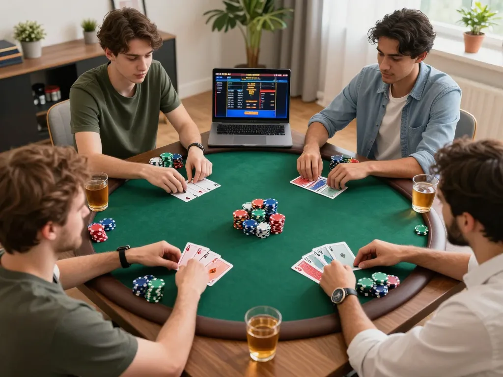 In an engaging poker game at home, players enjoy ee88's vibrant online casino experience with strategic bets and colorful chips.