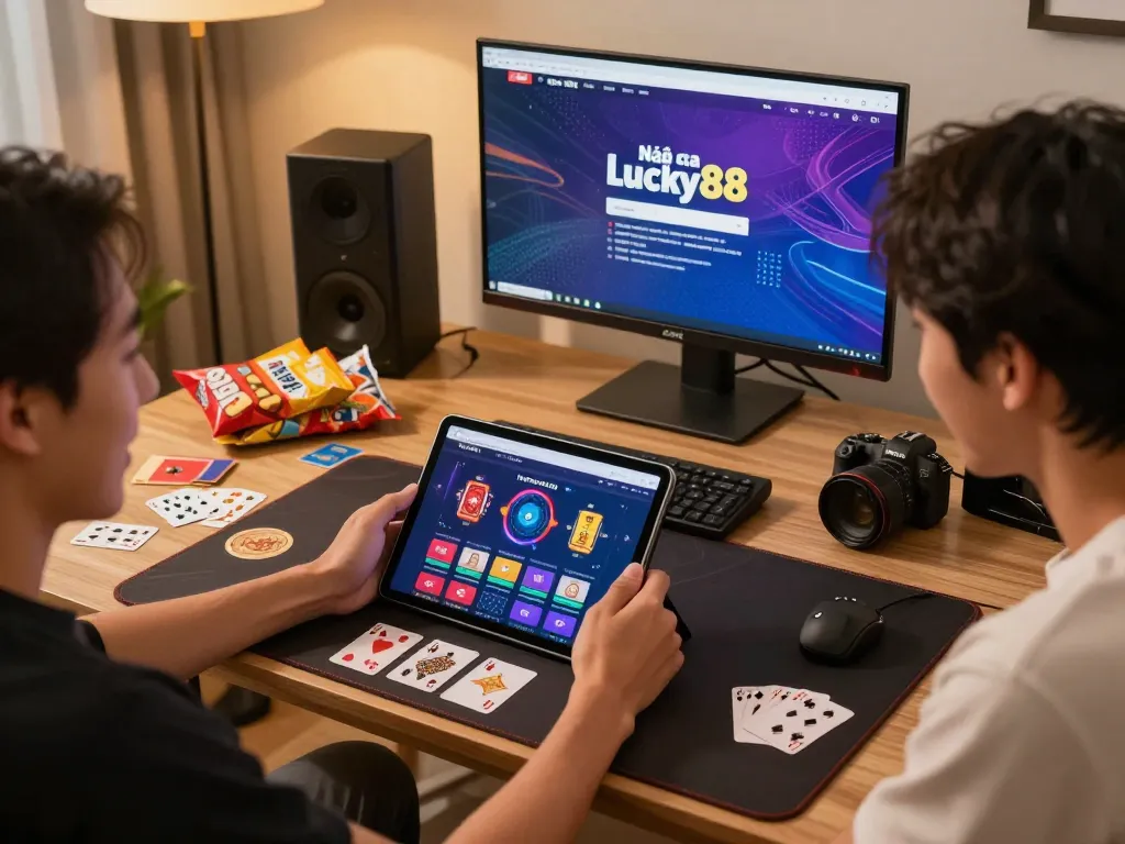Engaging with Nhà cái Lucky88 on a tablet in a stylish home setup enhances online gaming experience