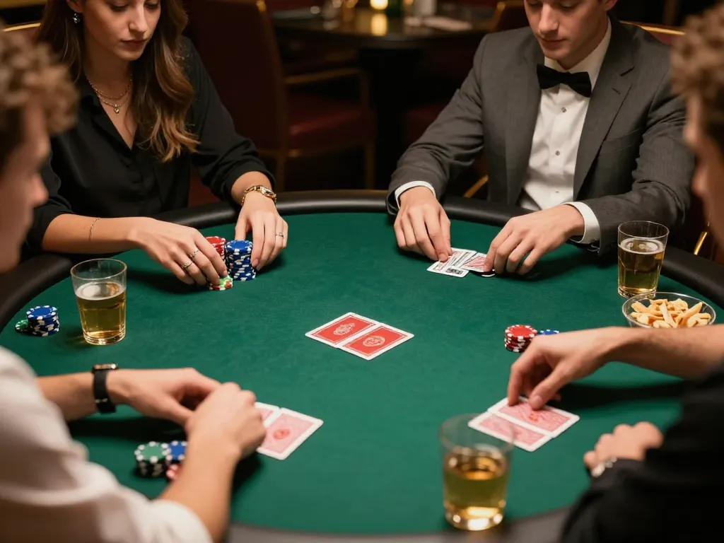 Friends enjoying a poker game at home, showcasing 79win with dynamic gameplay and friendly competition.