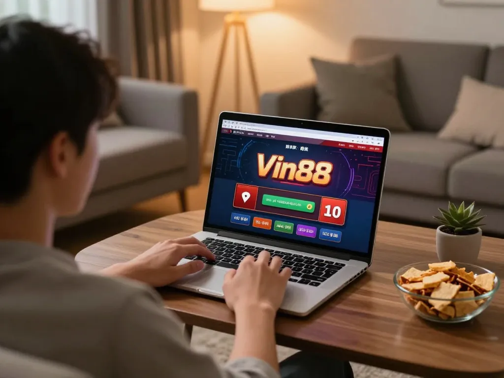 Engaged player exploring Vin88 online casino on a cozy home setup with warm atmosphere.