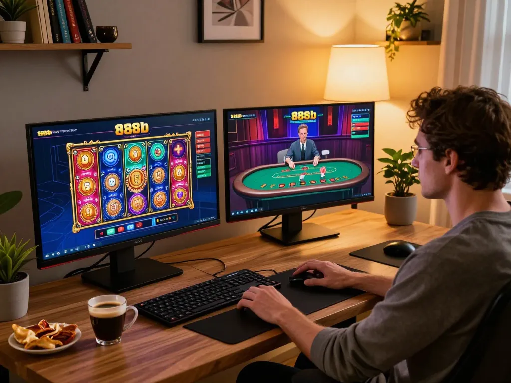 Player engaging with lively 888b slots and blackjack live dealer on a dual-screen gaming setup