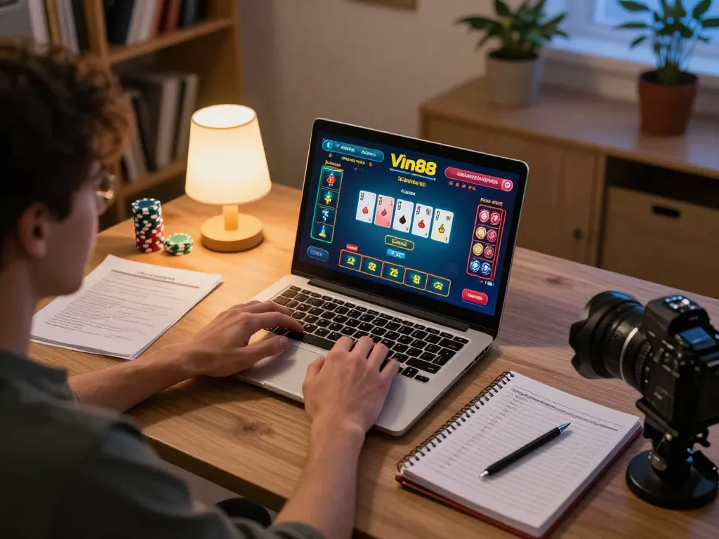 Player using Vin88 online casino app on laptop with poker game interface, highlighting responsible gambling.