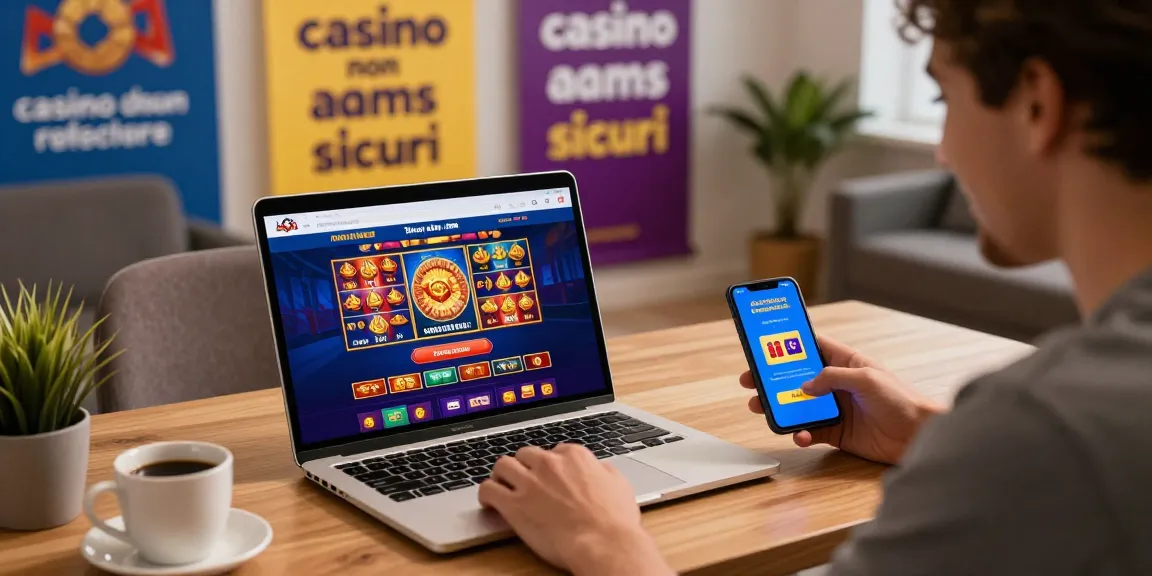 Scena emozionante di gioco nei casino non aams sicuri con un giocatore che si diverte con le slot online e i bonus.