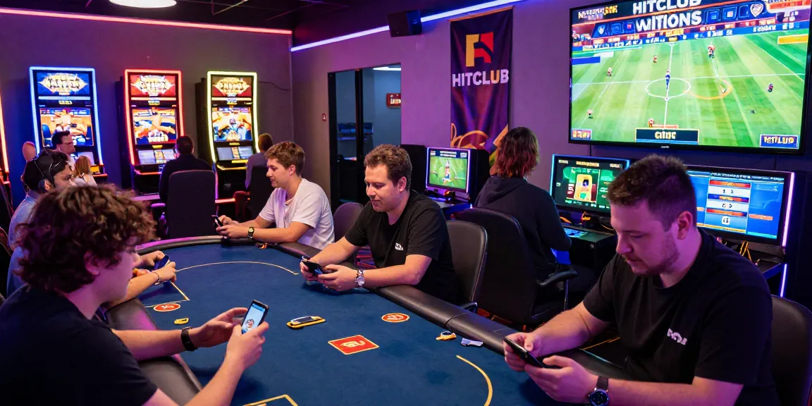 Exciting gaming atmosphere at HITCLUB with players engaging in various online games and sports betting, vibrant neon lighting and interactive displays.
