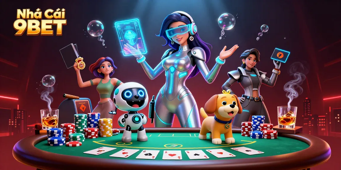 Engage in the thrill of gambling at Nhà Cái 9BET with a stunning futuristic casino scene.