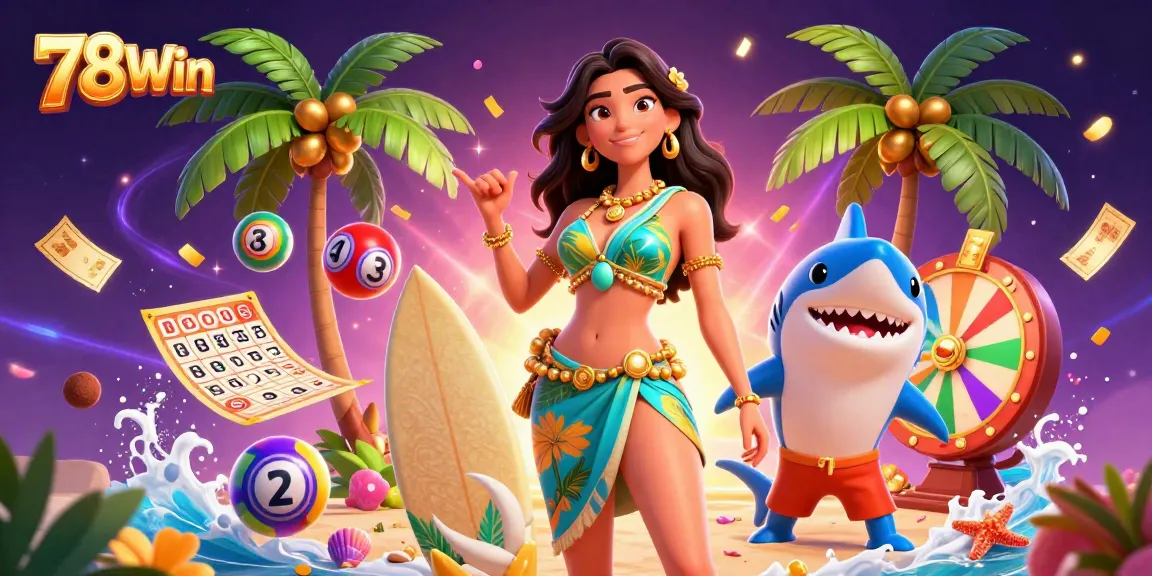 Join the excitement at 78Win with colorful balls and cheerful characters in a lively casino scene.