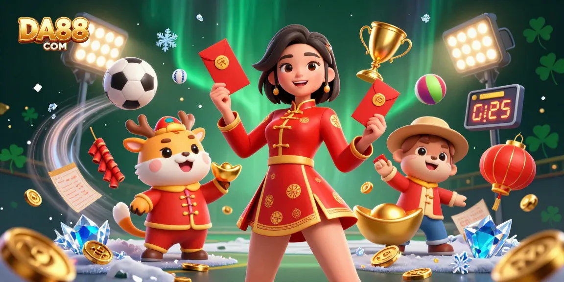 Engage with DA88 COM in this vibrant casino scene featuring sports games, winnings, and festive elements.