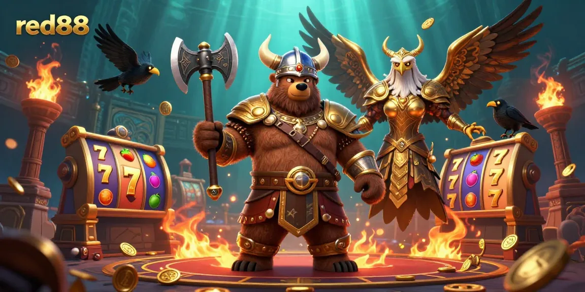 Experience the fierce battle for fortune at red88 with Viking berserker bears and golden armored eagles in this interactive casino scene.