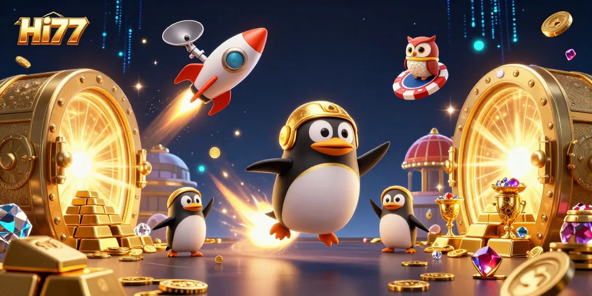 Hi77 offers exhilarating gaming with a golden penguin soaring to a cosmic casino realm.