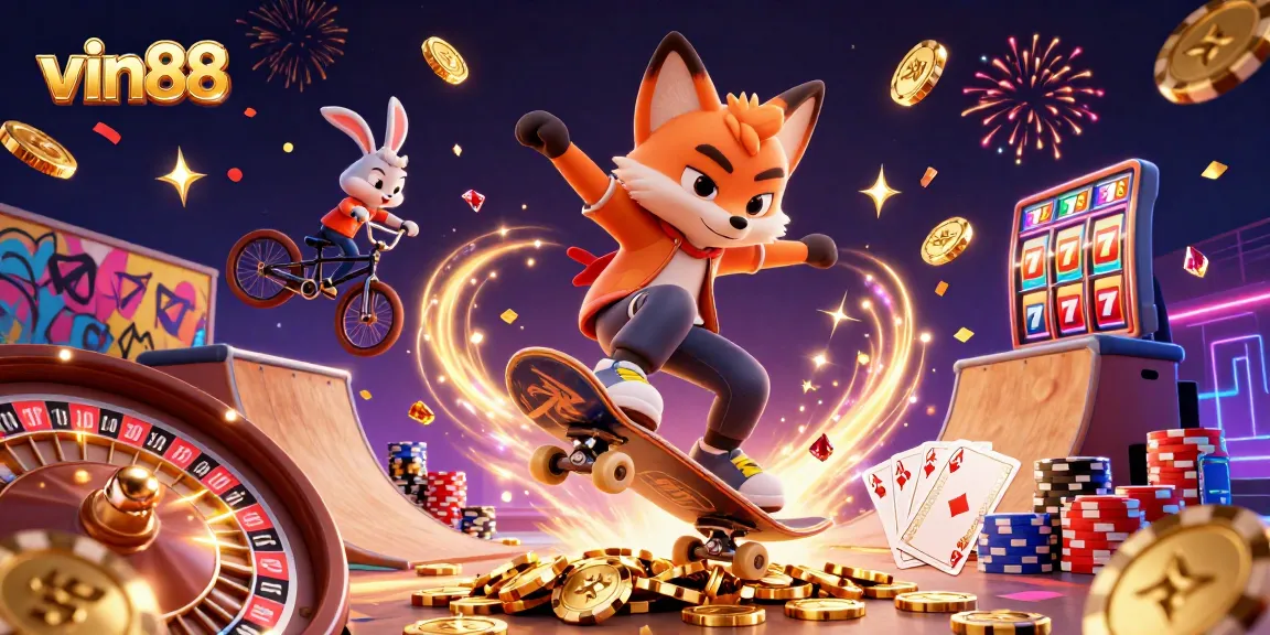 Experience the excitement of vin88 with a dynamic scene of animated characters and casino elements.