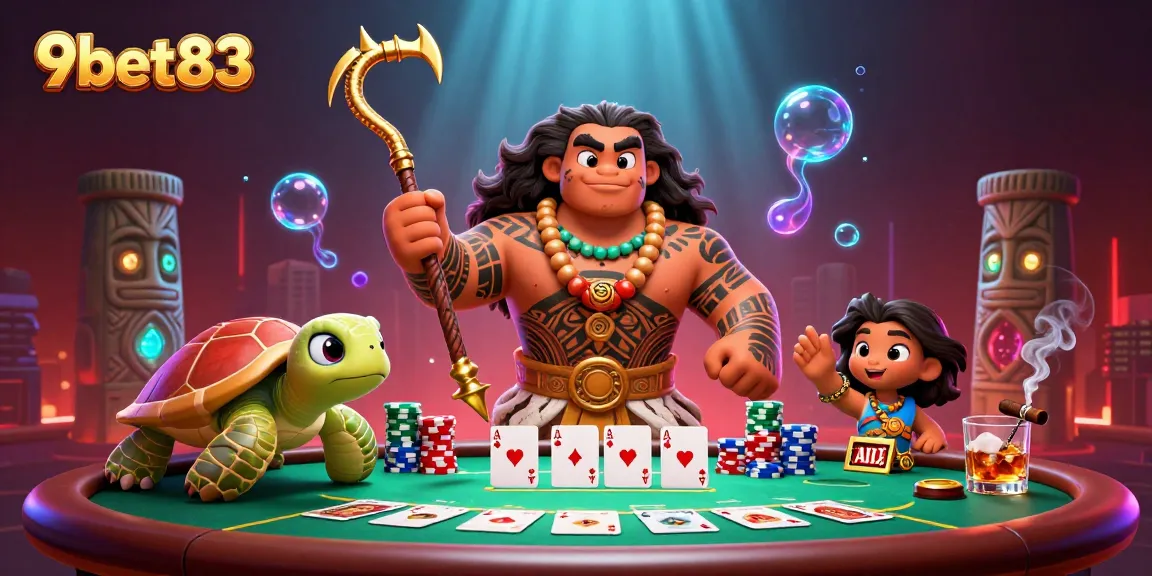 Engage with the vibrant world of 9bet83 featuring a hawk demigod and poker elements in a rich casino scene.