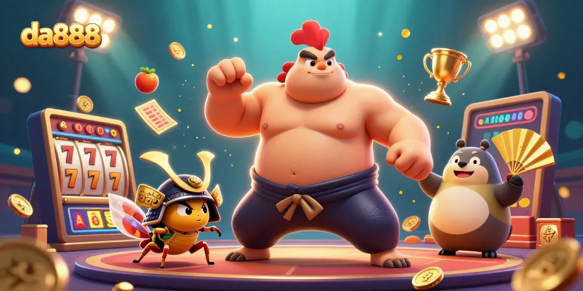 Engage with da888's vibrant casino games, featuring a dynamic sumo wrestler, cricket, and tanuki!