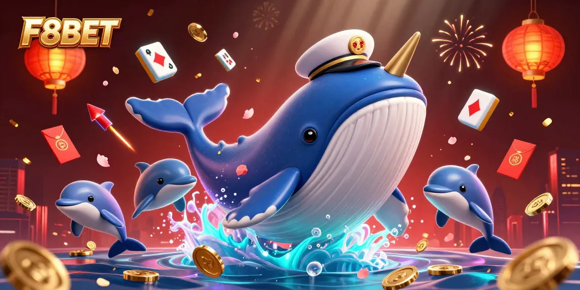 F8BET showcases a vibrant 3D casino scene with playful characters and festive elements, celebrating online gaming.