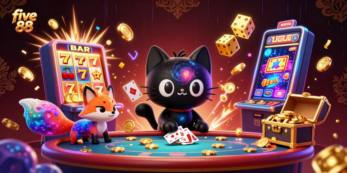 Experience the vibrant atmosphere of five 88 with a swirling black hole cat at a cosmic casino table!