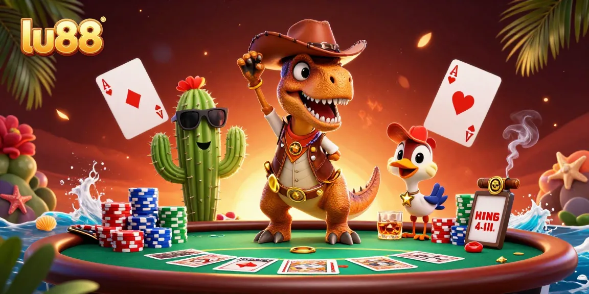 lu88 players enjoy poker with animated dinosaur, cactus, and roadrunner characters.